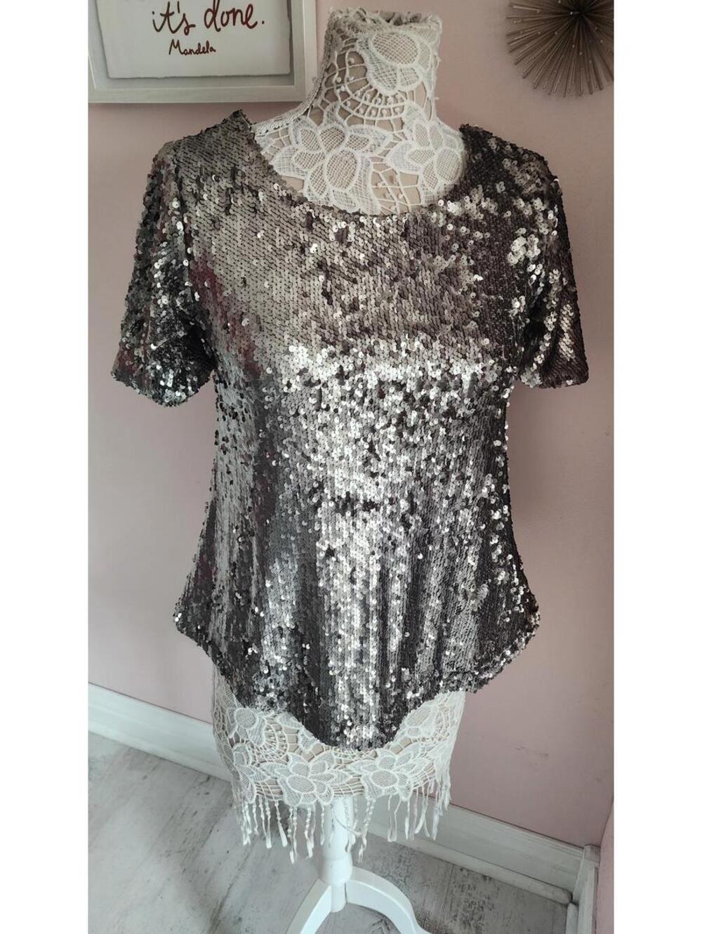 Altar'd State Silver Sequin Top Women's Small Short Sleeve Party Blouse